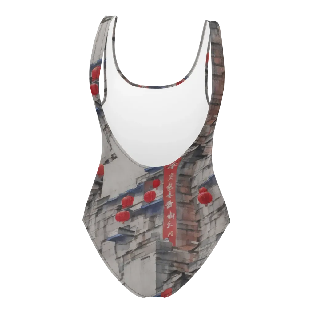 Crimson Lantern Alley on One-Piece Swimsuit — Back
