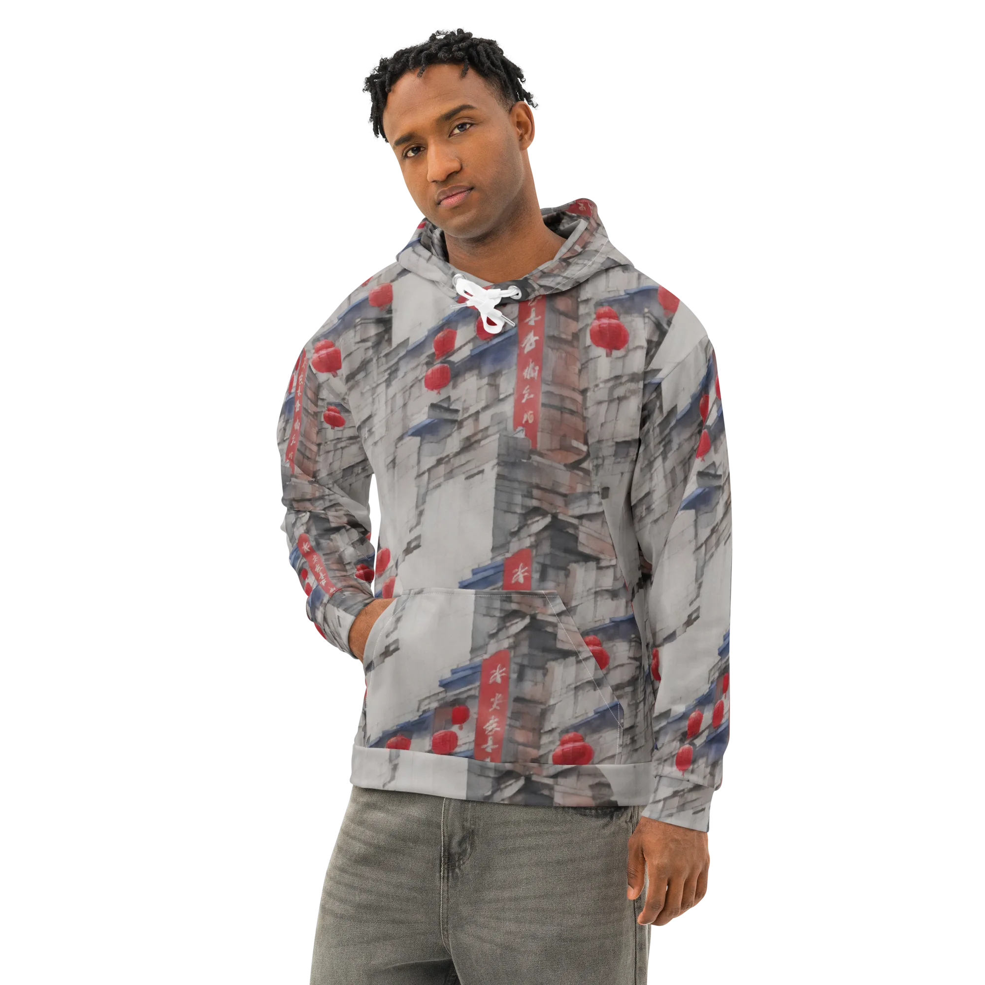 Crimson Lantern Alley on Cotton Hoodie — Left Front