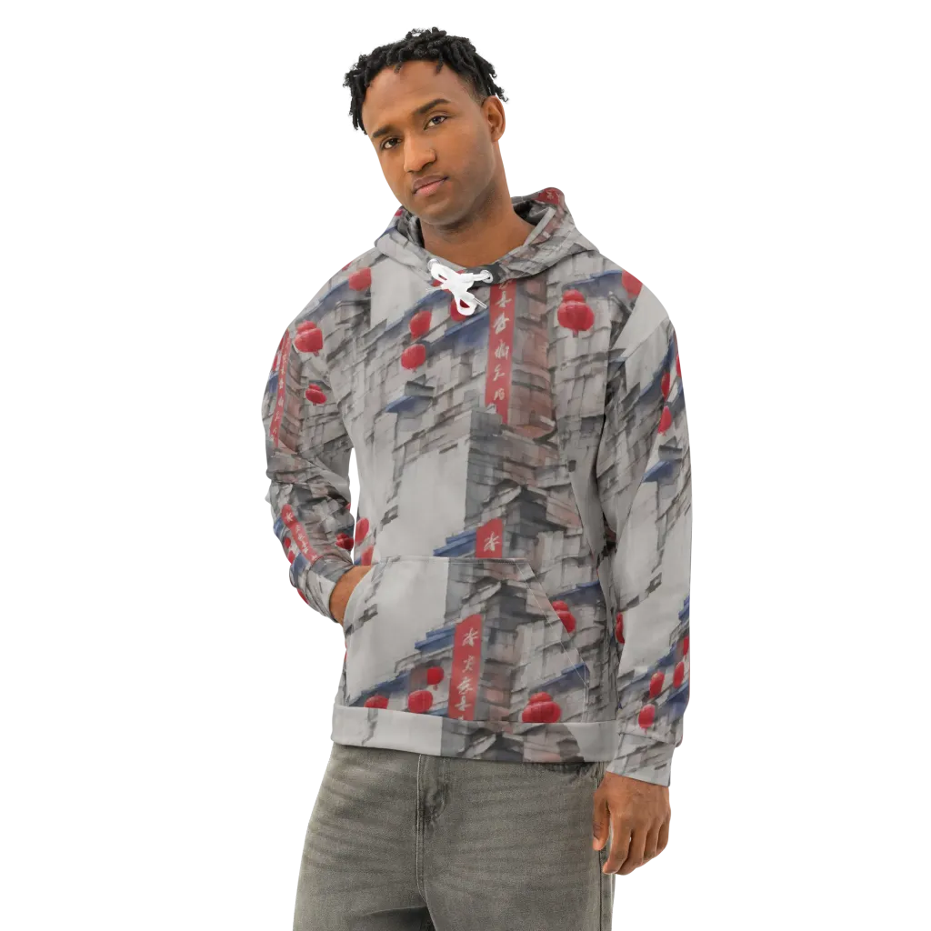 Crimson Lantern Alley on Cotton Hoodie — Left Front
