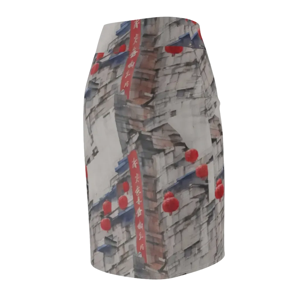 Crimson Lantern Alley on Pencil Skirt — Back Side