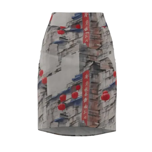Crimson Lantern Alley on a Pencil Skirt