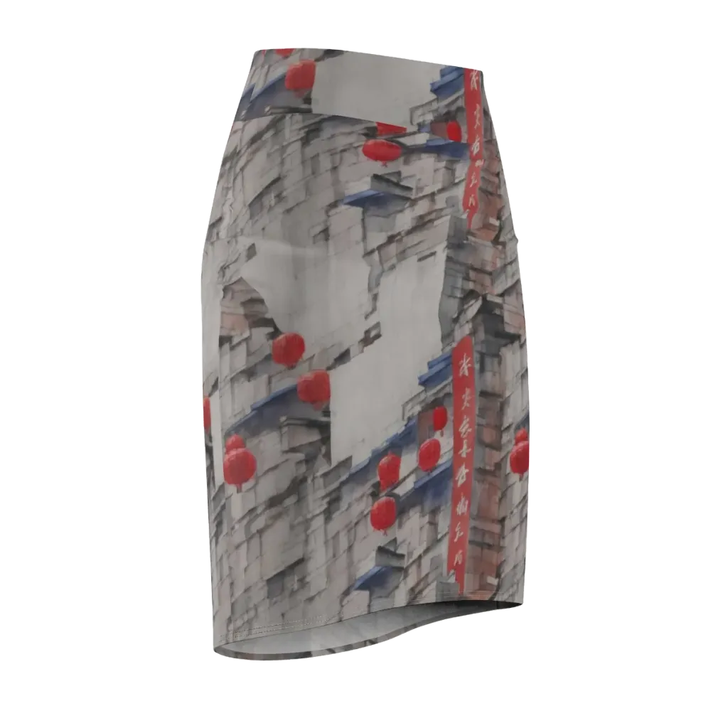 Crimson Lantern Alley on Pencil Skirt — Front Side