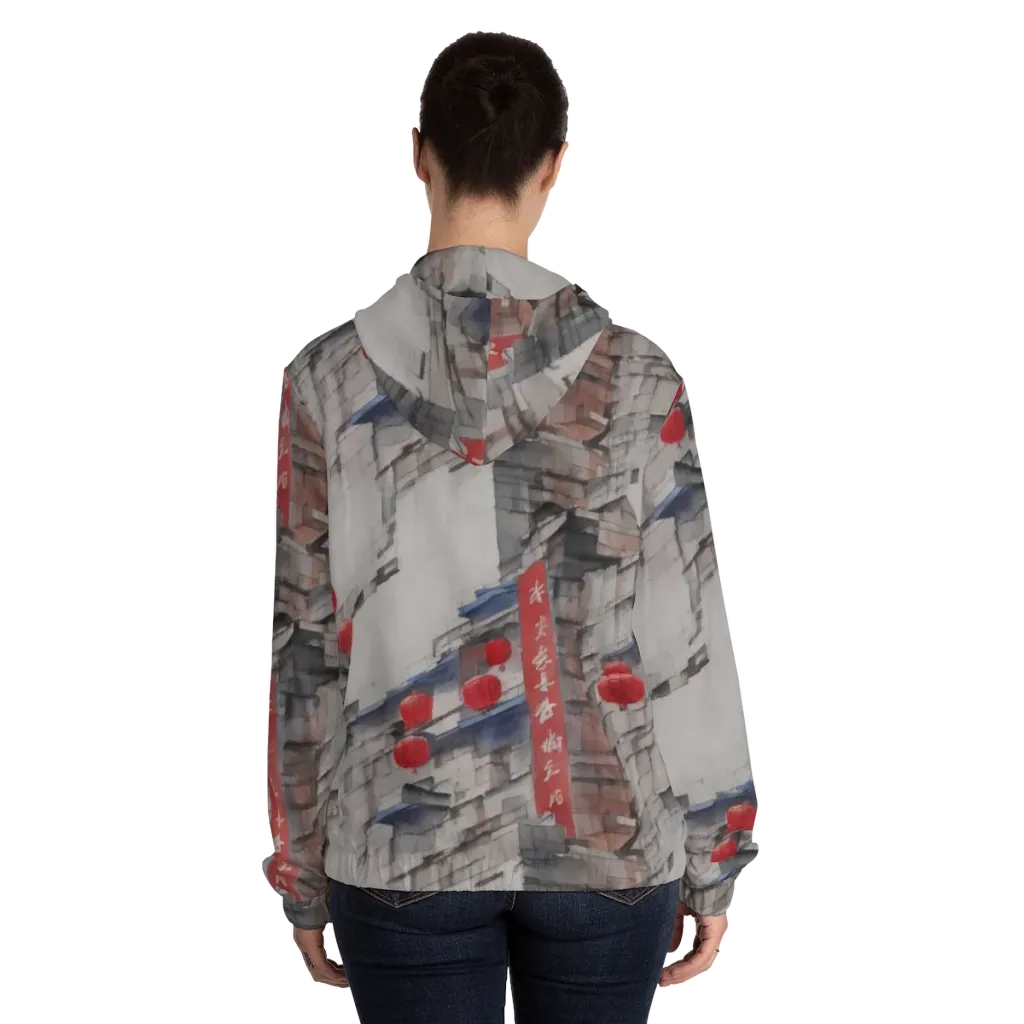 Crimson Lantern Alley on Women's Full-Zip Hoodie — Back On Person