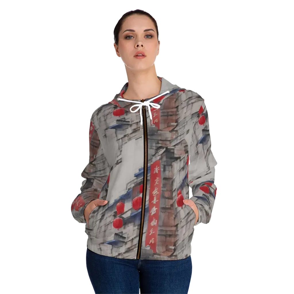 Crimson Lantern Alley on Women's Full-Zip Hoodie — Front On Person