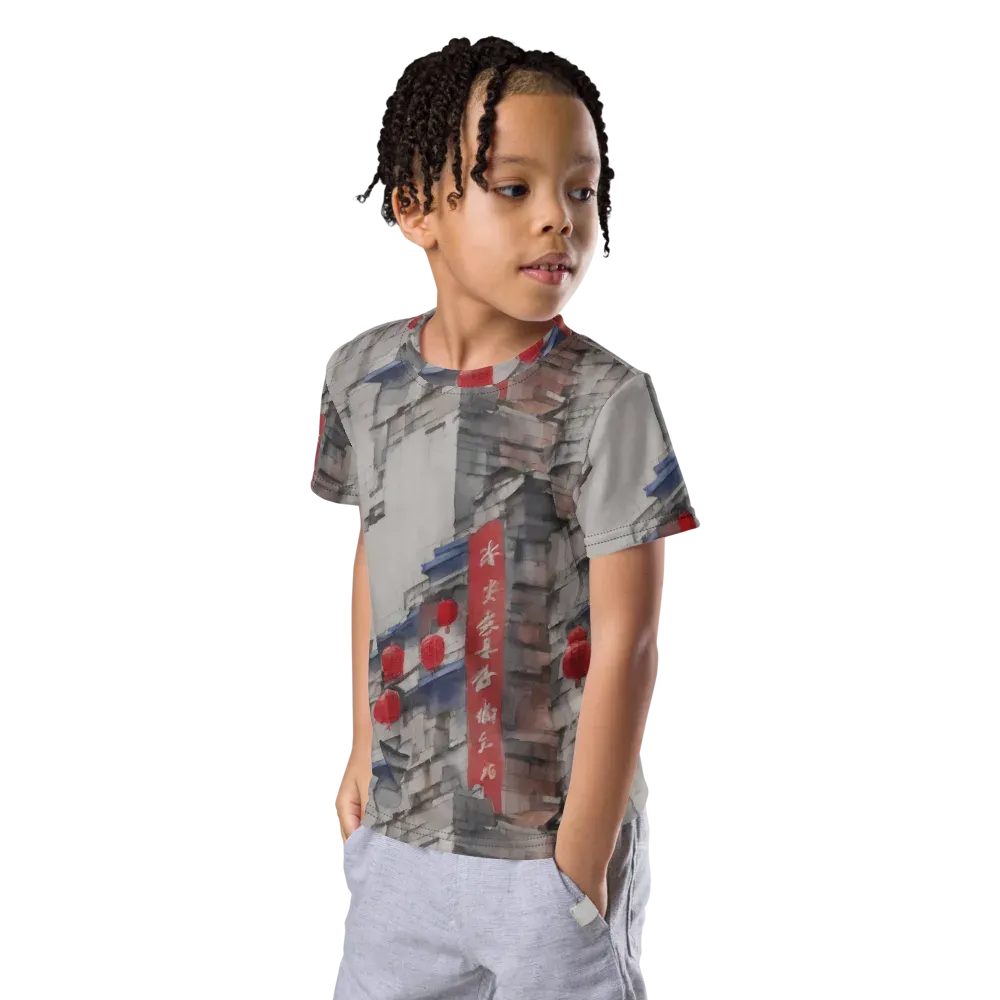 Crimson Lantern Alley on Kids Crew Neck T-Shirt — Left Front