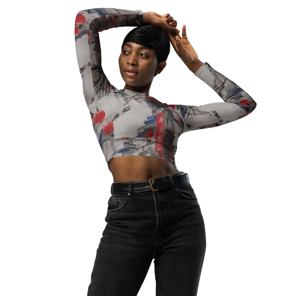 Crimson Lantern Alley on Long Sleeve Crop Top — Front