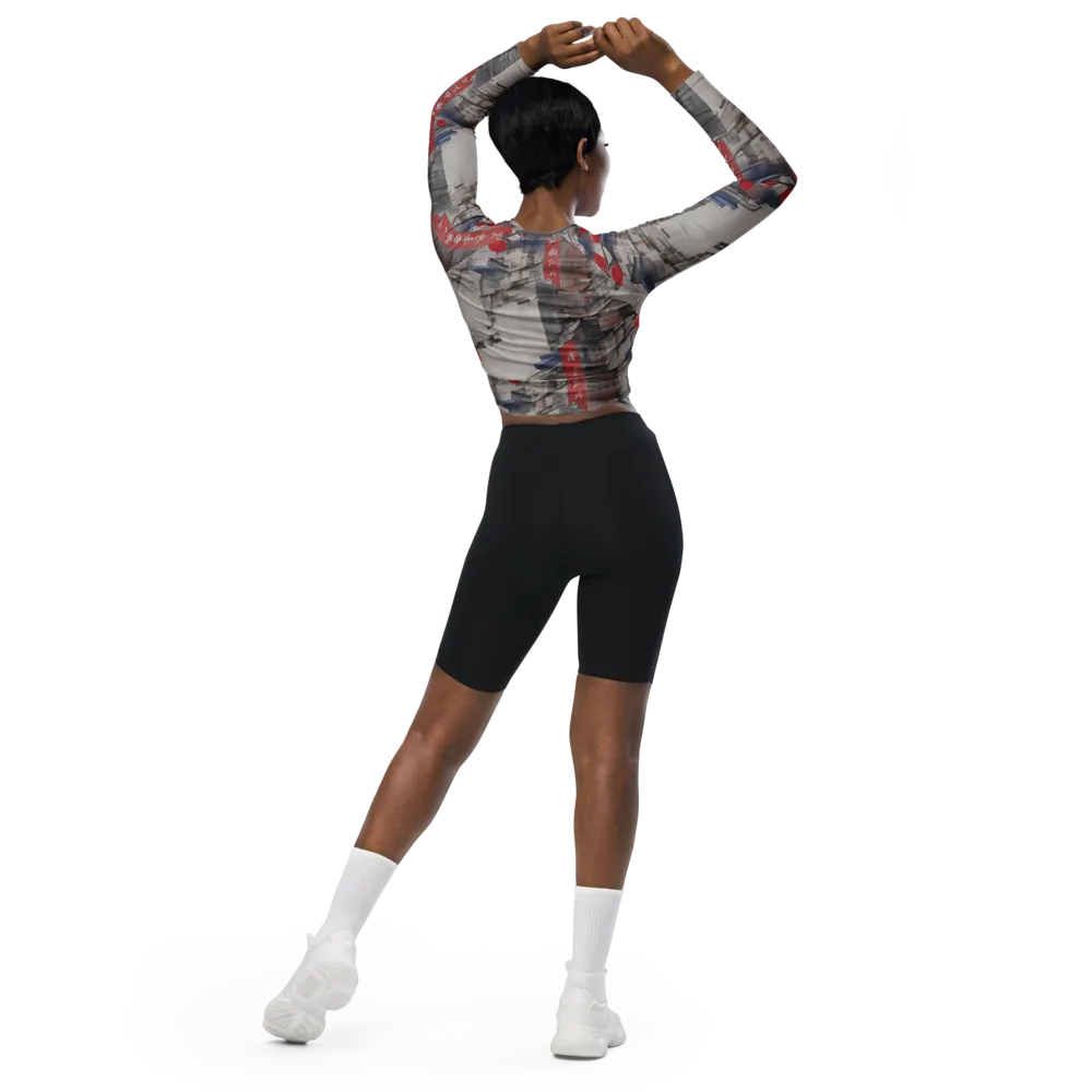 Crimson Lantern Alley on Long Sleeve Crop Top — Back