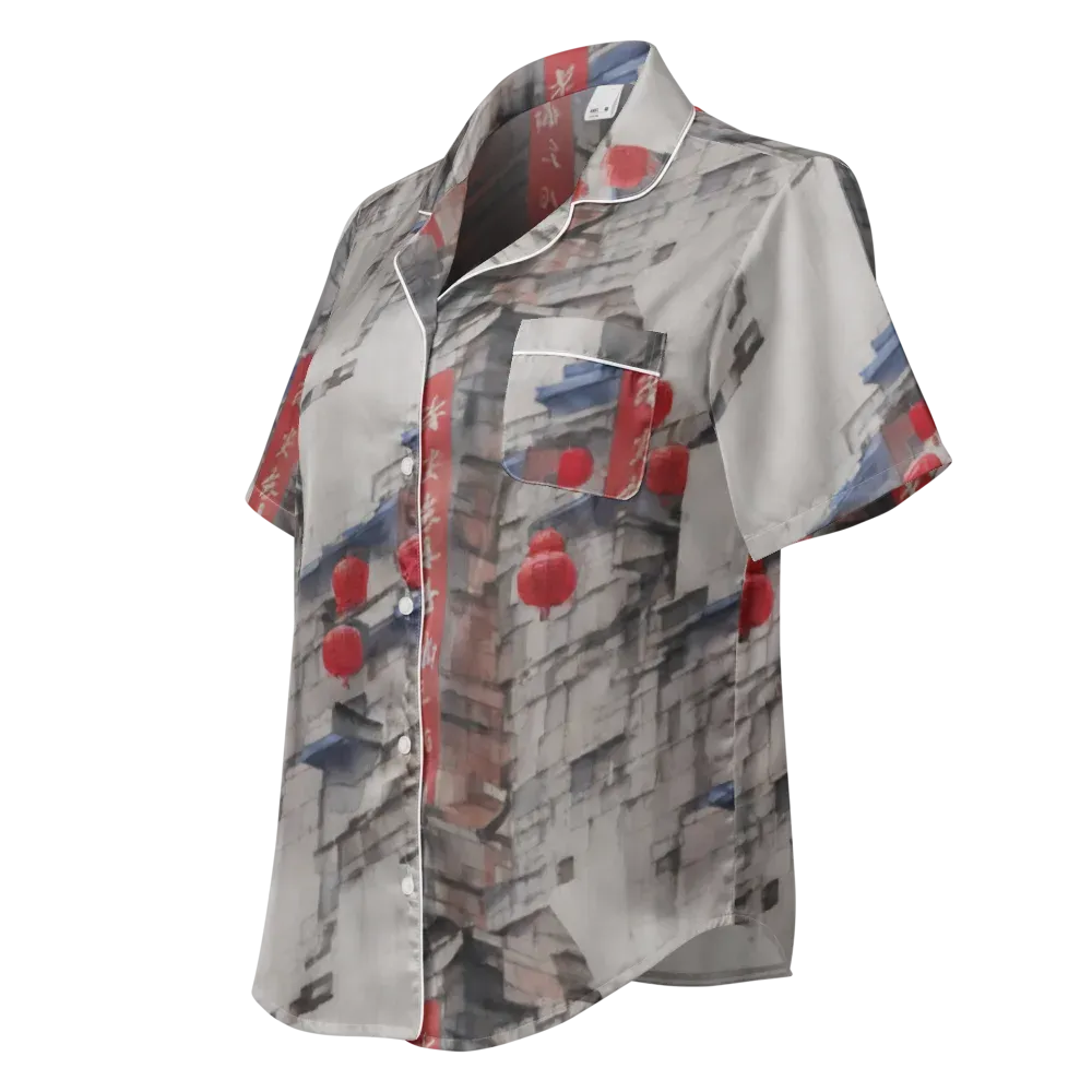 Crimson Lantern Alley on Women's Short Sleeve Pajama Top — Left Front