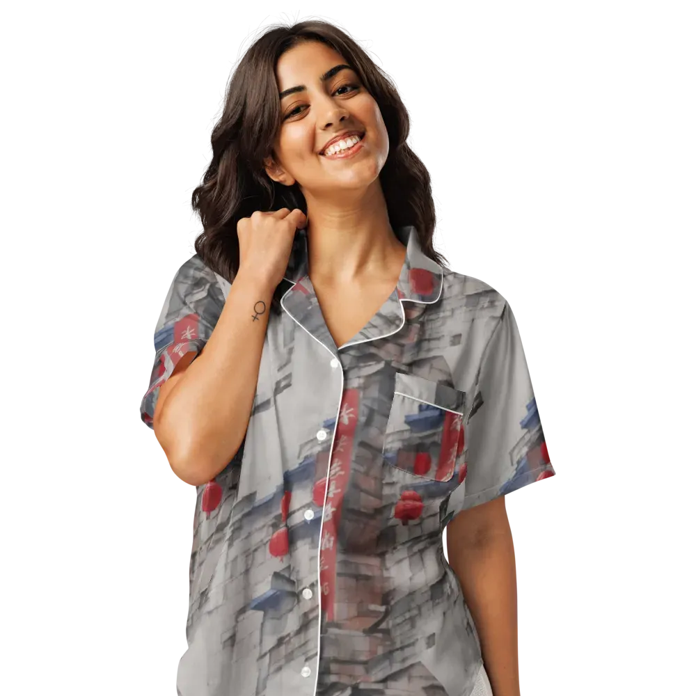 Crimson Lantern Alley on Women's Short Sleeve Pajama Top — Front