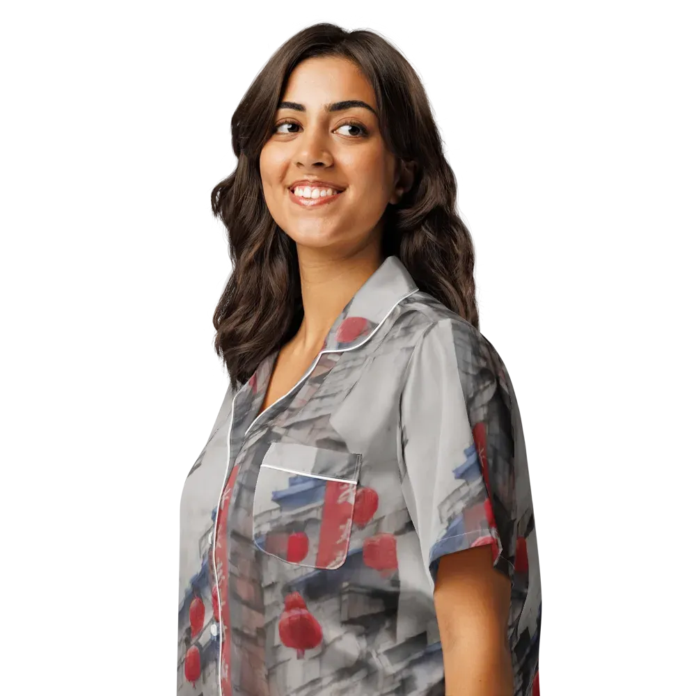 Crimson Lantern Alley on Women's Short Sleeve Pajama Top — Left Front
