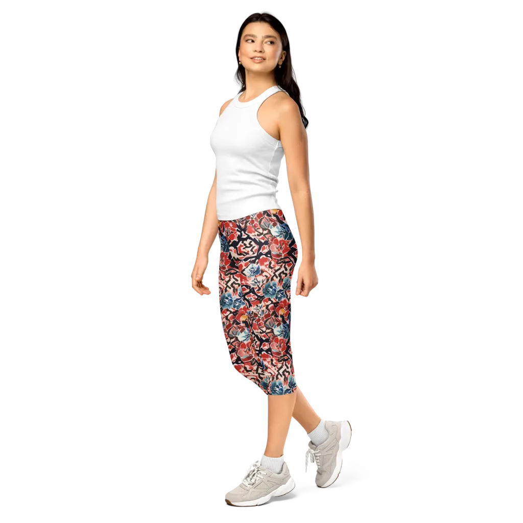 Crimson Brushwork on Capri Leggings — Left Front