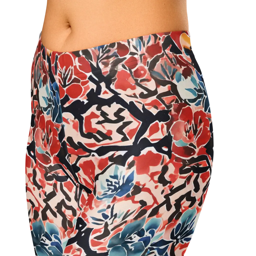 Crimson Brushwork on Capri Leggings — Zoomed-in