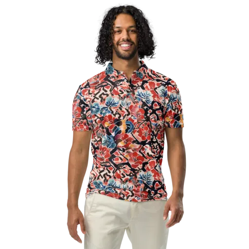 Crimson Brushwork on a Men's Slim Fit Polo Shirt