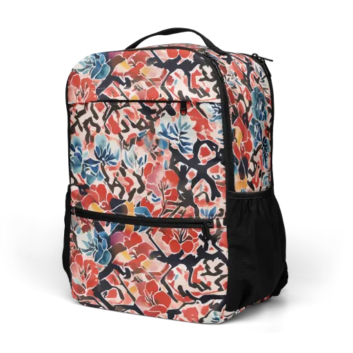Crimson Brushwork on a Utility Backpack