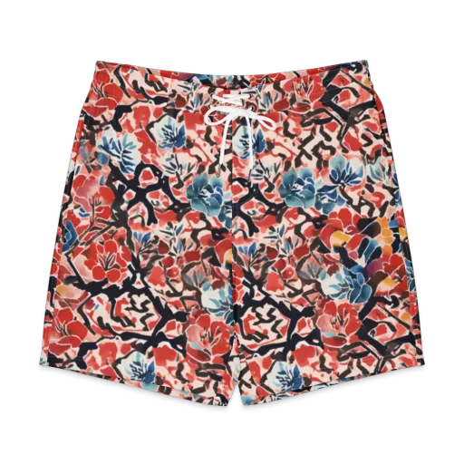 Crimson Brushwork on a Men's Board Shorts