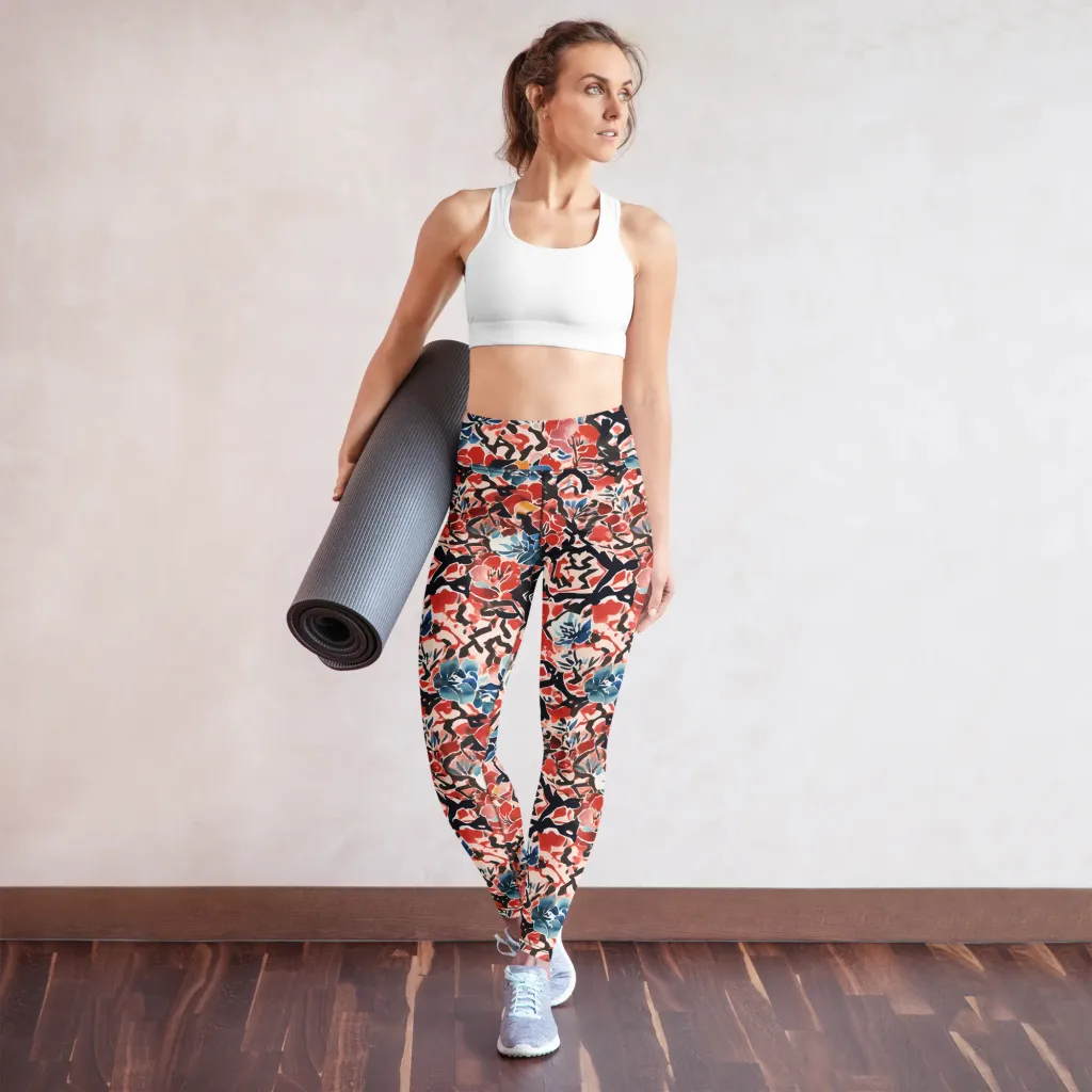 Crimson Brushwork on Yoga Leggings — Front