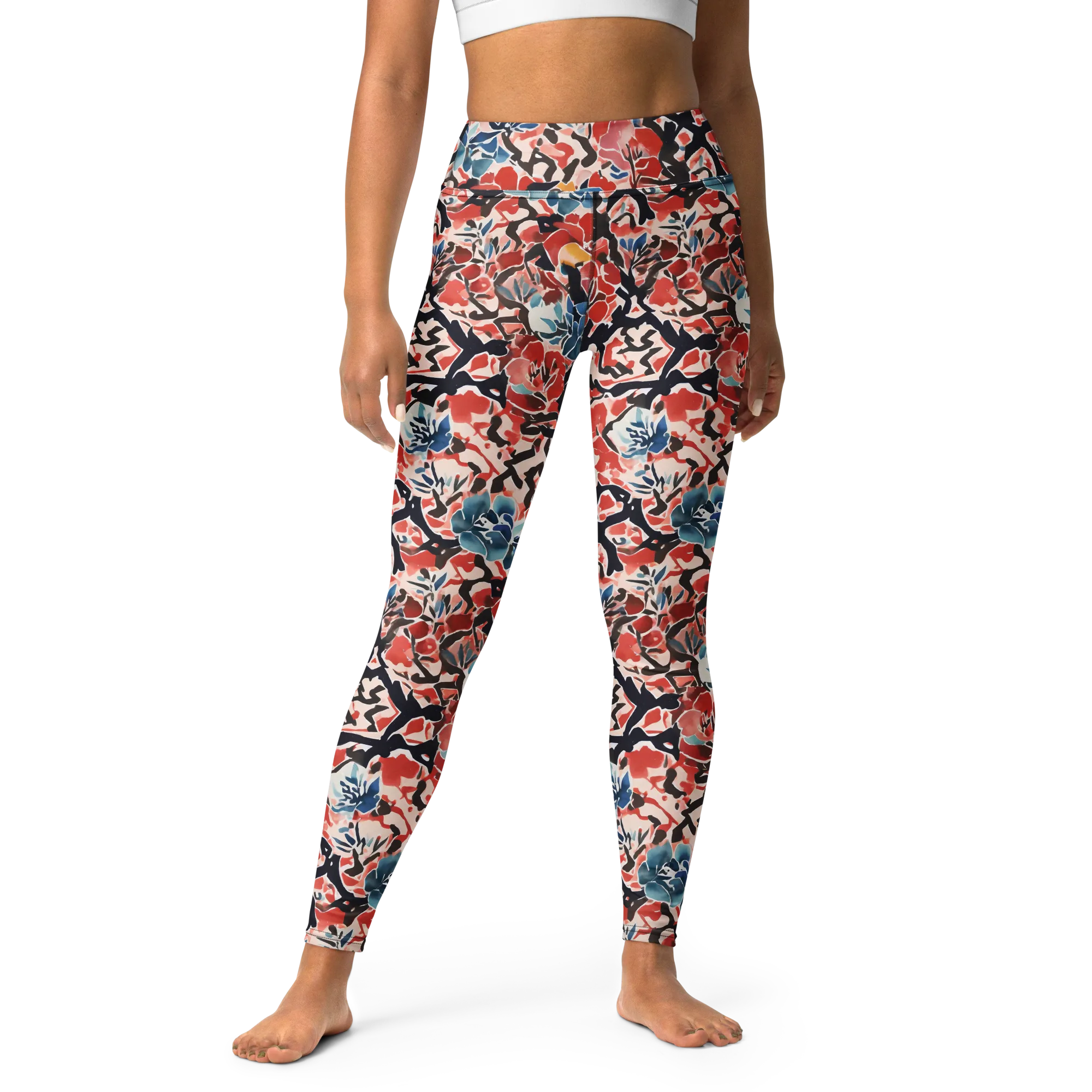 Crimson Brushwork on Yoga Leggings — Front