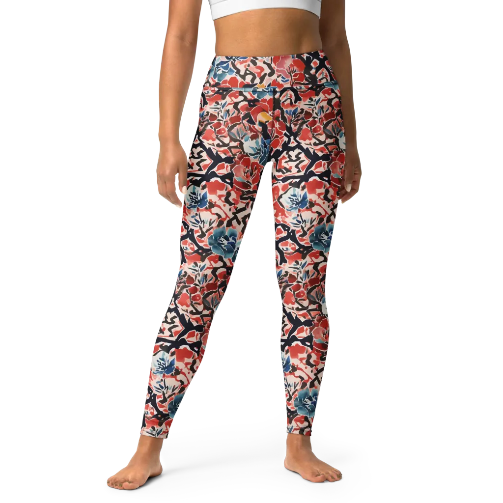 Crimson Brushwork on Yoga Leggings — Front