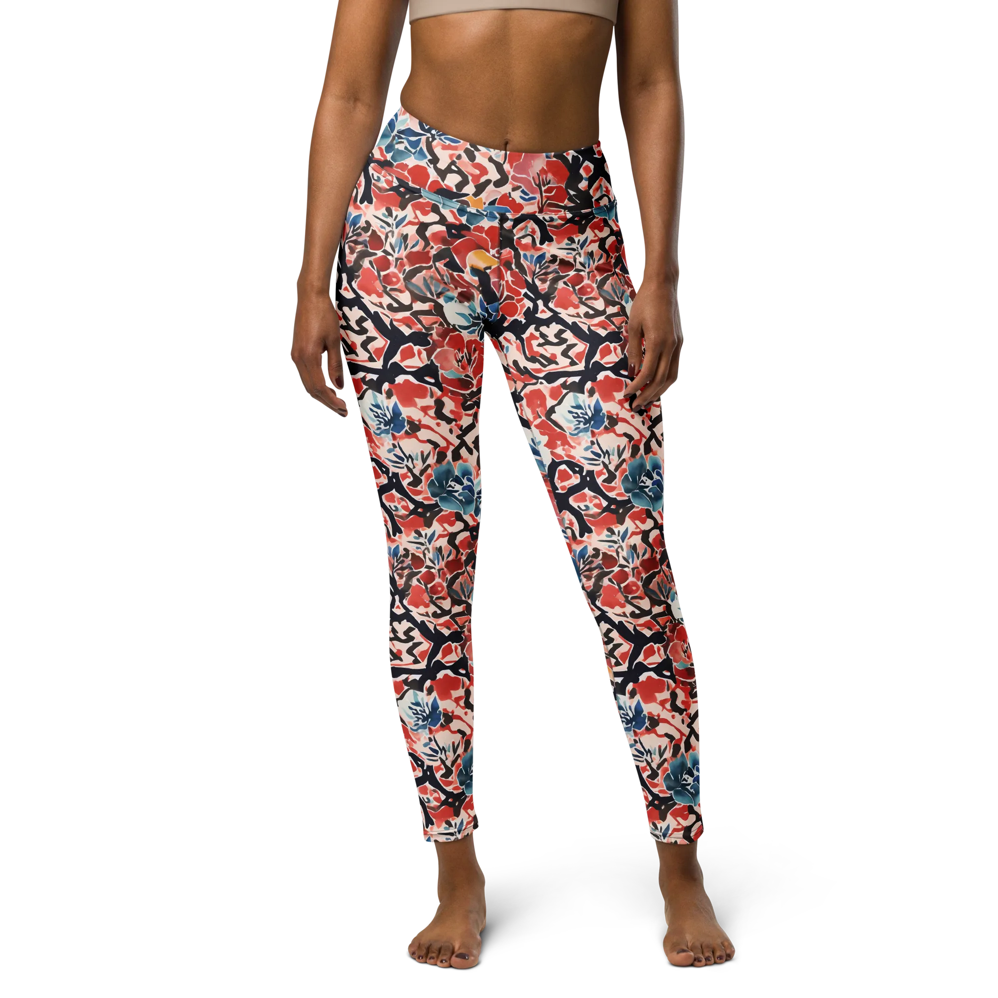 Crimson Brushwork on Yoga Leggings — Front