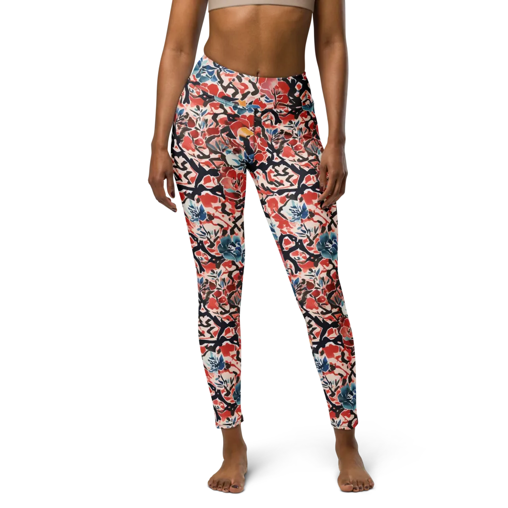 Crimson Brushwork on Yoga Leggings — Front