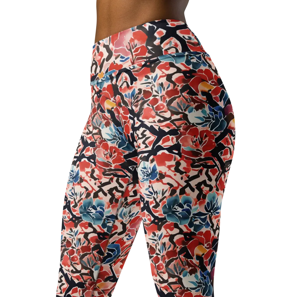 Crimson Brushwork on Yoga Leggings — Left Front