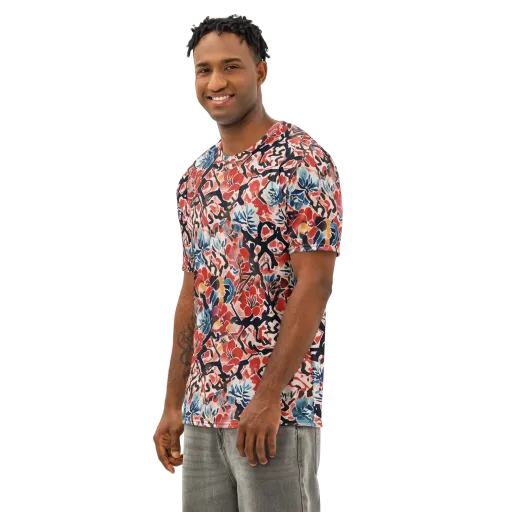 Crimson Brushwork on a Men's Cotton Crew Neck T-Shirt