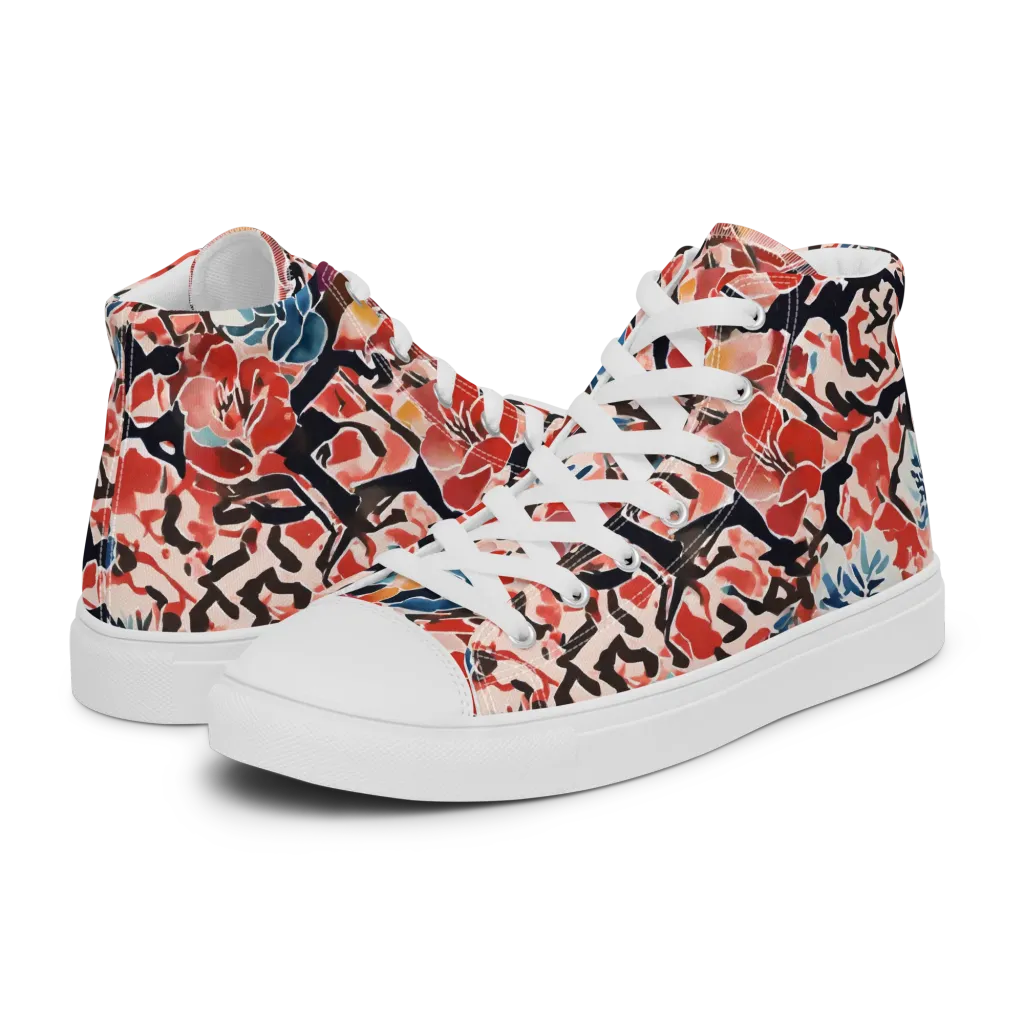 Crimson Brushwork on Men's High Top Canvas Shoes — Left