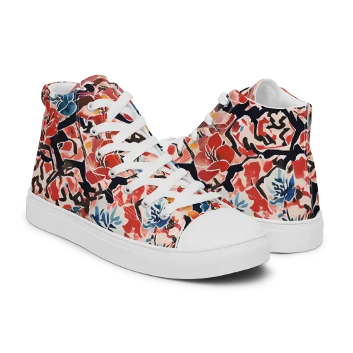 Crimson Brushwork on a Men's High Top Canvas Shoes