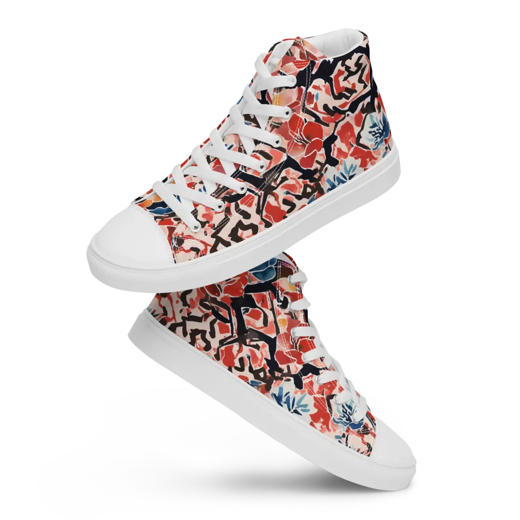 Crimson Brushwork on Men's High Top Canvas Shoes — Front
