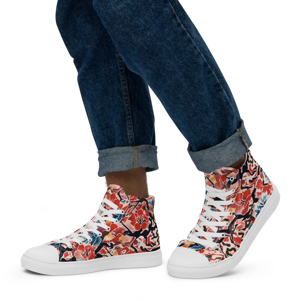 Crimson Brushwork on Men's High Top Canvas Shoes — Left