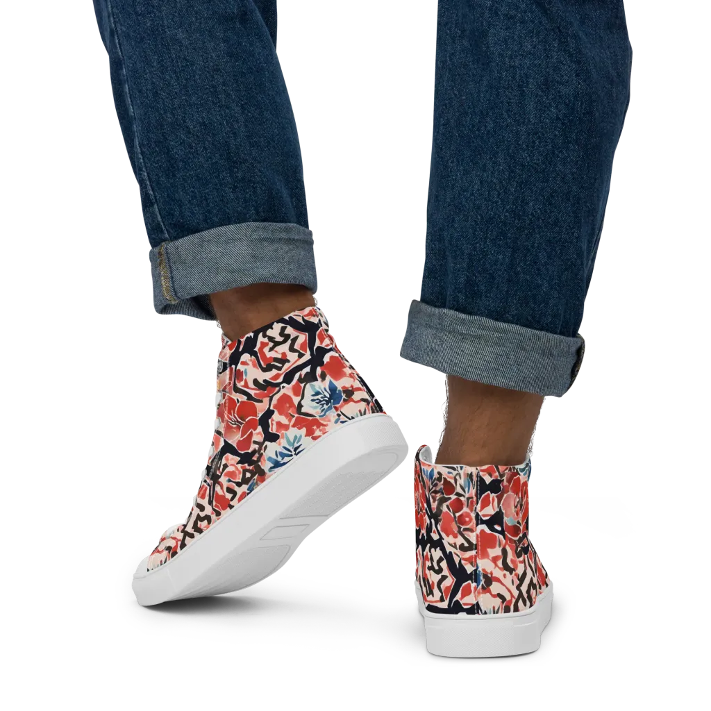 Crimson Brushwork on Men's High Top Canvas Shoes — Back