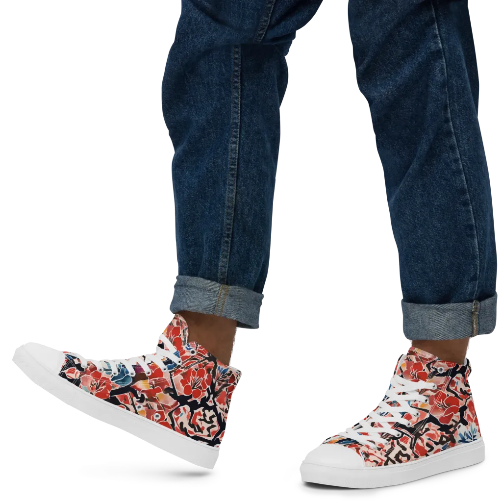 Crimson Brushwork on Men's High Top Canvas Shoes — Left