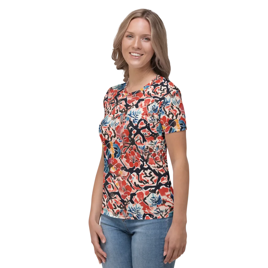 Crimson Brushwork on Women's Crew Neck T-Shirt — Left
