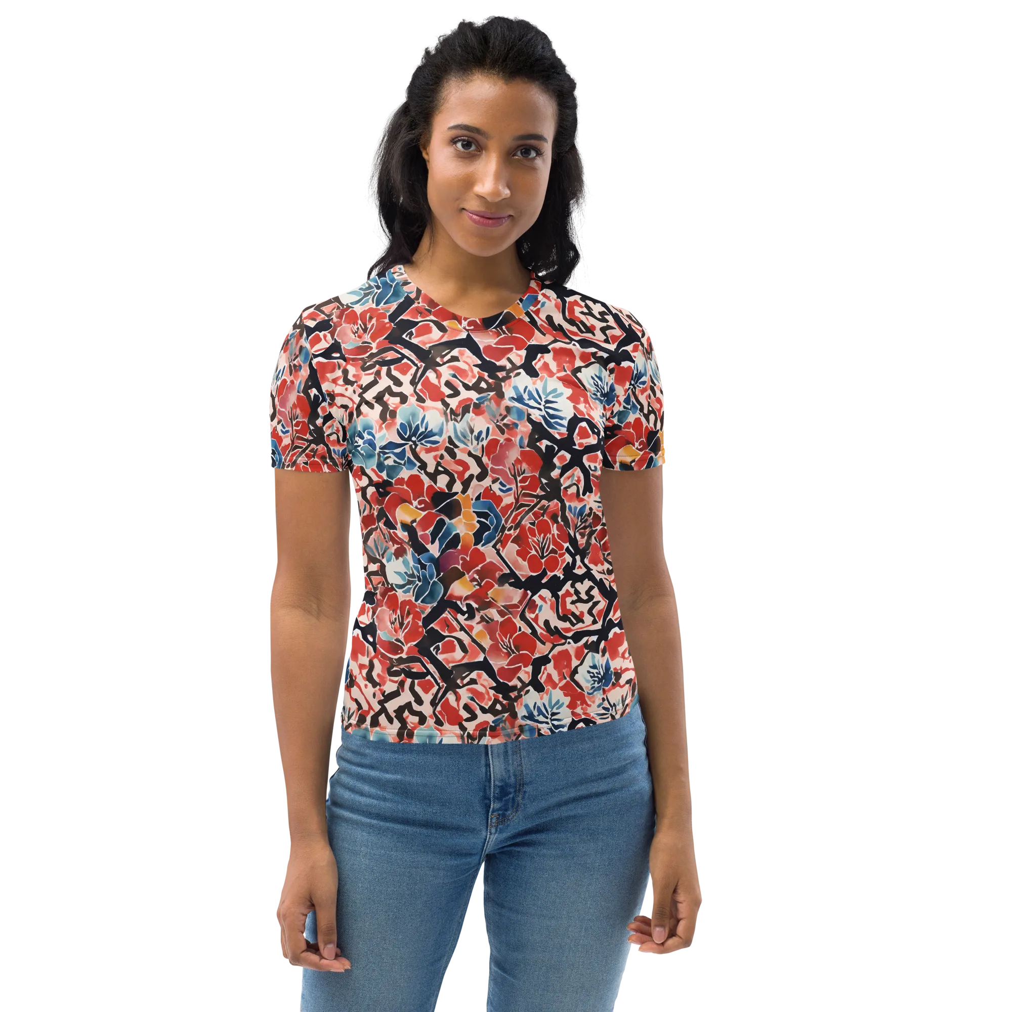 Crimson Brushwork on Women's Crew Neck T-Shirt — Front