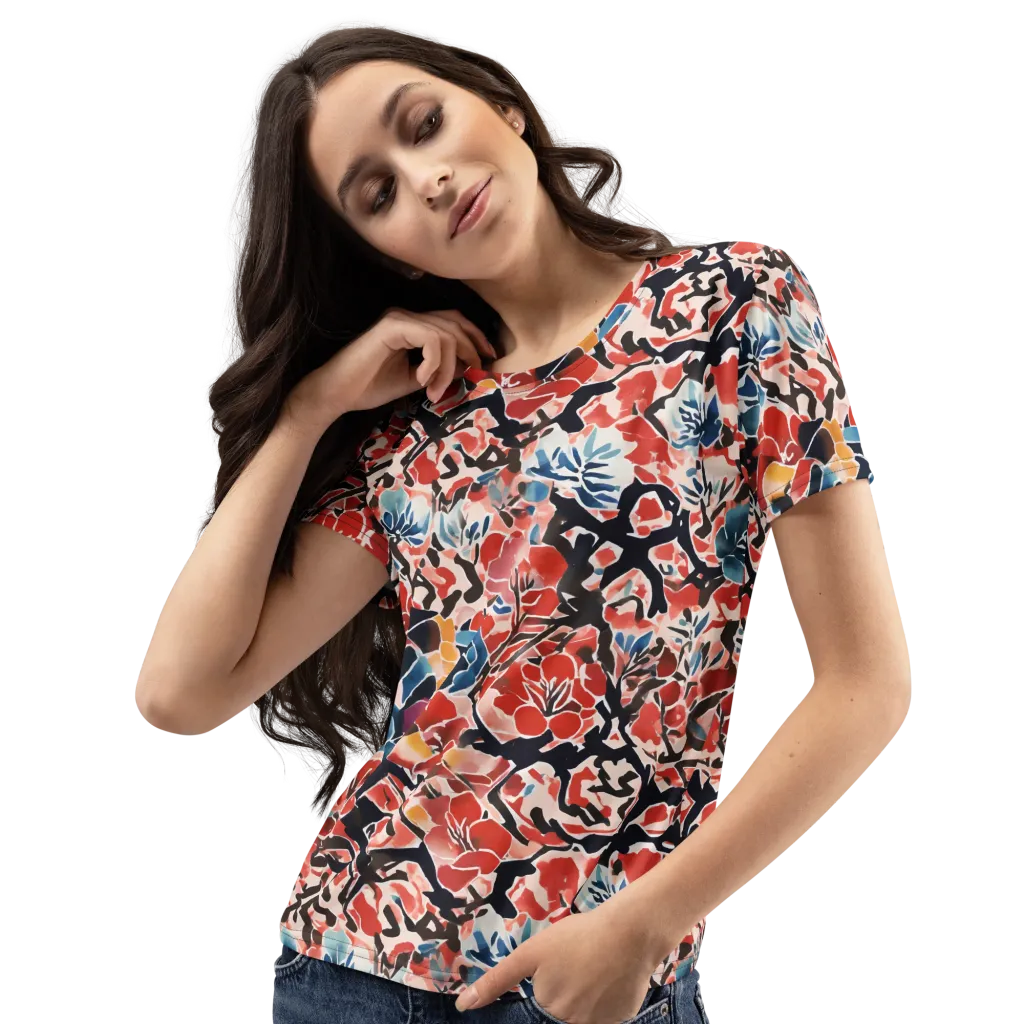 Crimson Brushwork on Women's Crew Neck T-Shirt — Left Front