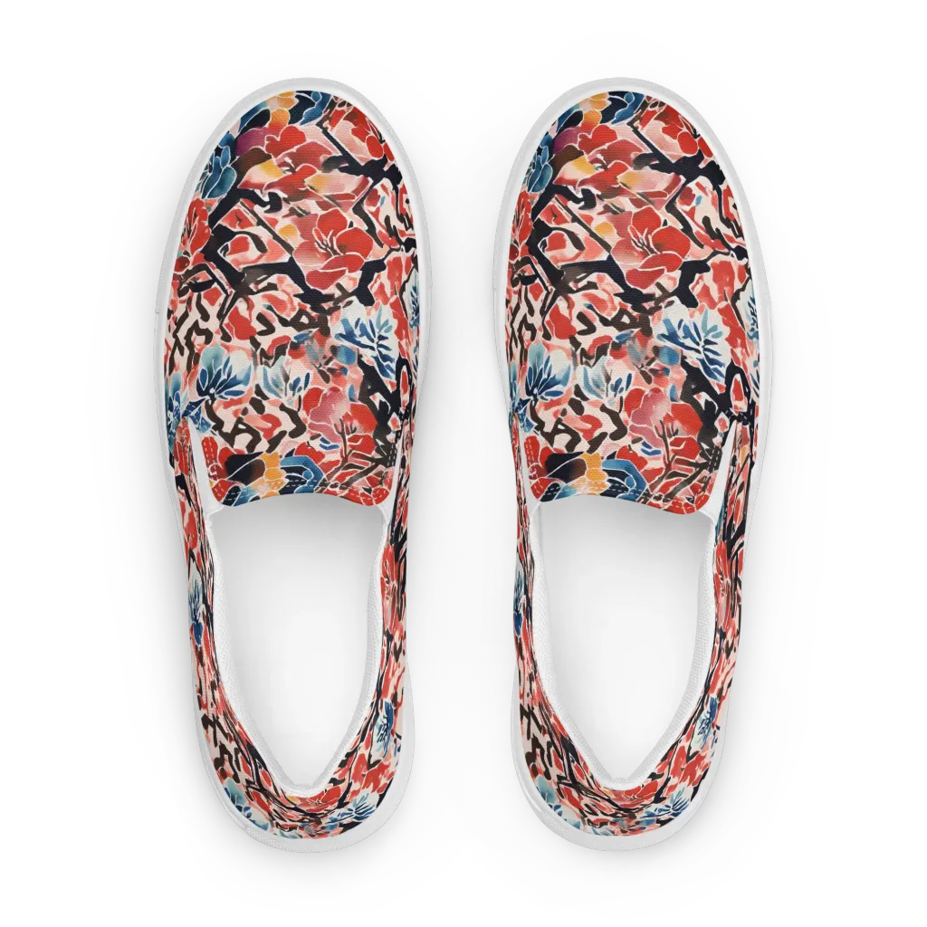 Crimson Brushwork on Men's Slip-On Canvas Shoes — Front