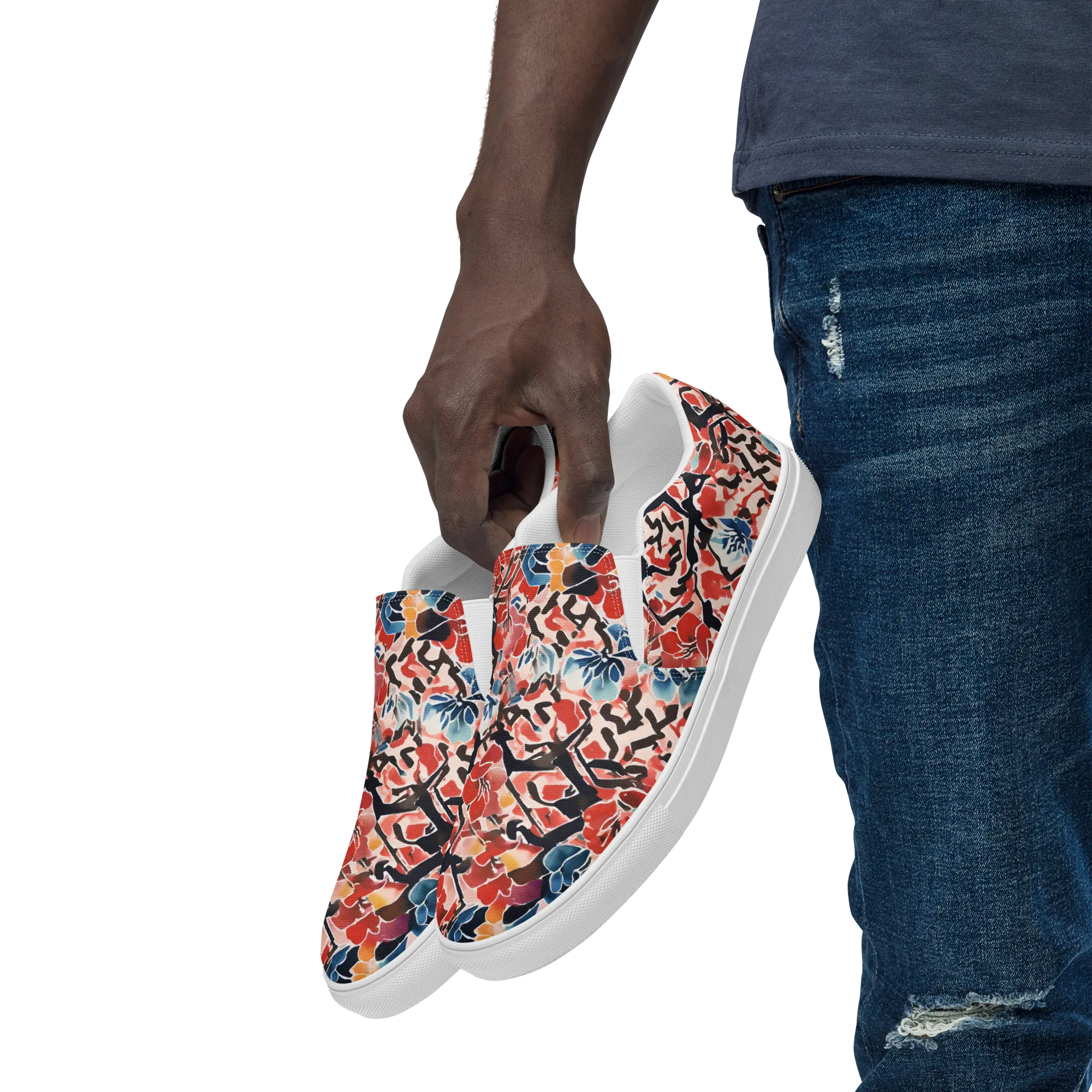Crimson Brushwork on Men's Slip-On Canvas Shoes — Left Front