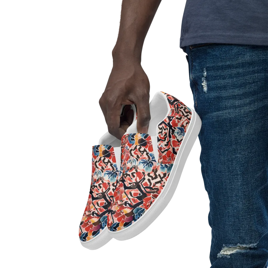 Crimson Brushwork on Men's Slip-On Canvas Shoes — Left Front