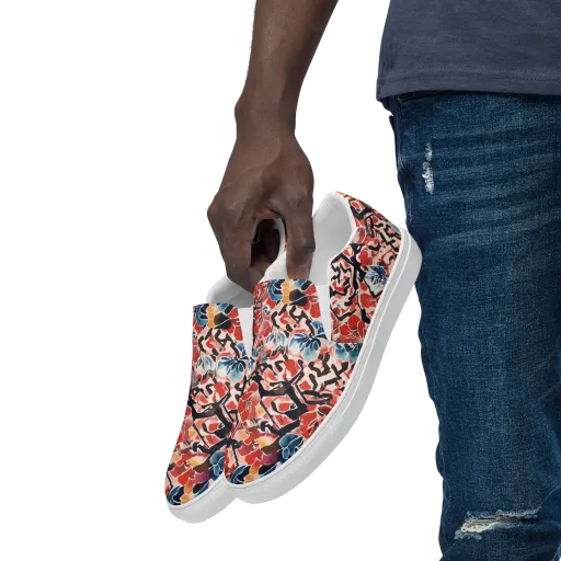 Crimson Brushwork on a Men's Slip-On Canvas Shoes