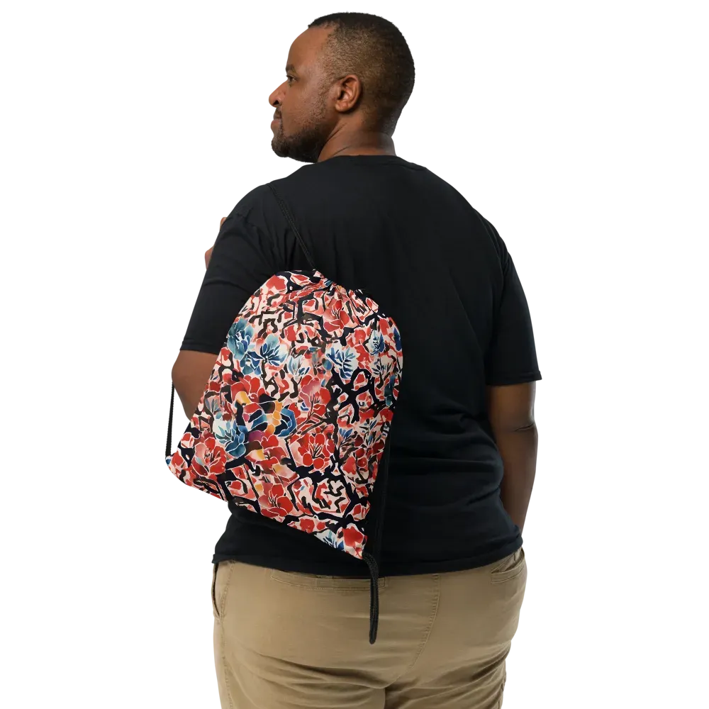 Crimson Brushwork on Drawstring Bag — Front