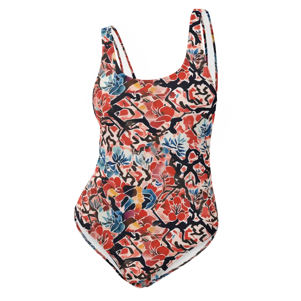 Crimson Brushwork on One-Piece Swimsuit — Front