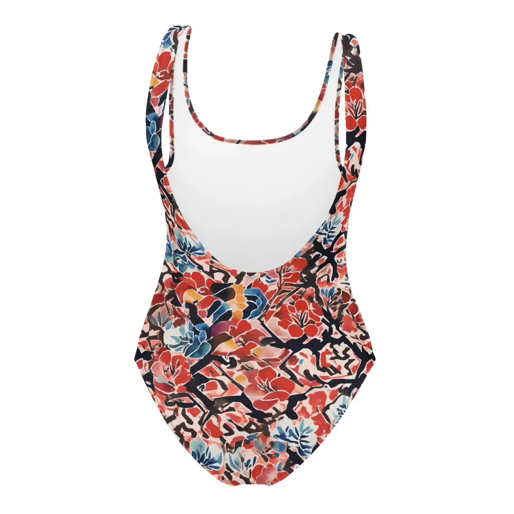 Crimson Brushwork on One-Piece Swimsuit — Back