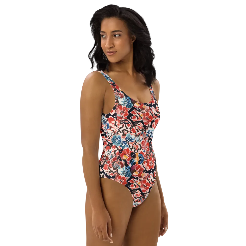 Crimson Brushwork on One-Piece Swimsuit — Right