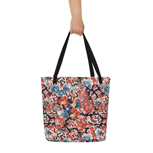 Crimson Brushwork on a Large Tote Bag W/ Pocket