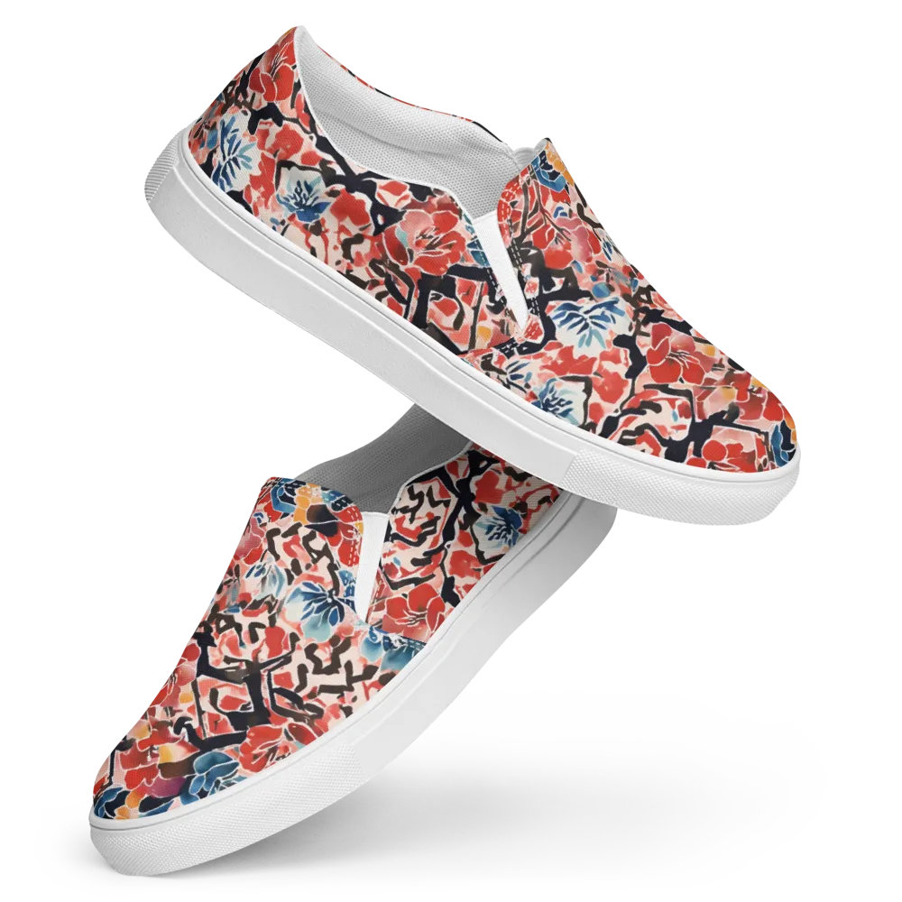 Crimson Brushwork on Women's Slip-On Canvas Shoes — Front