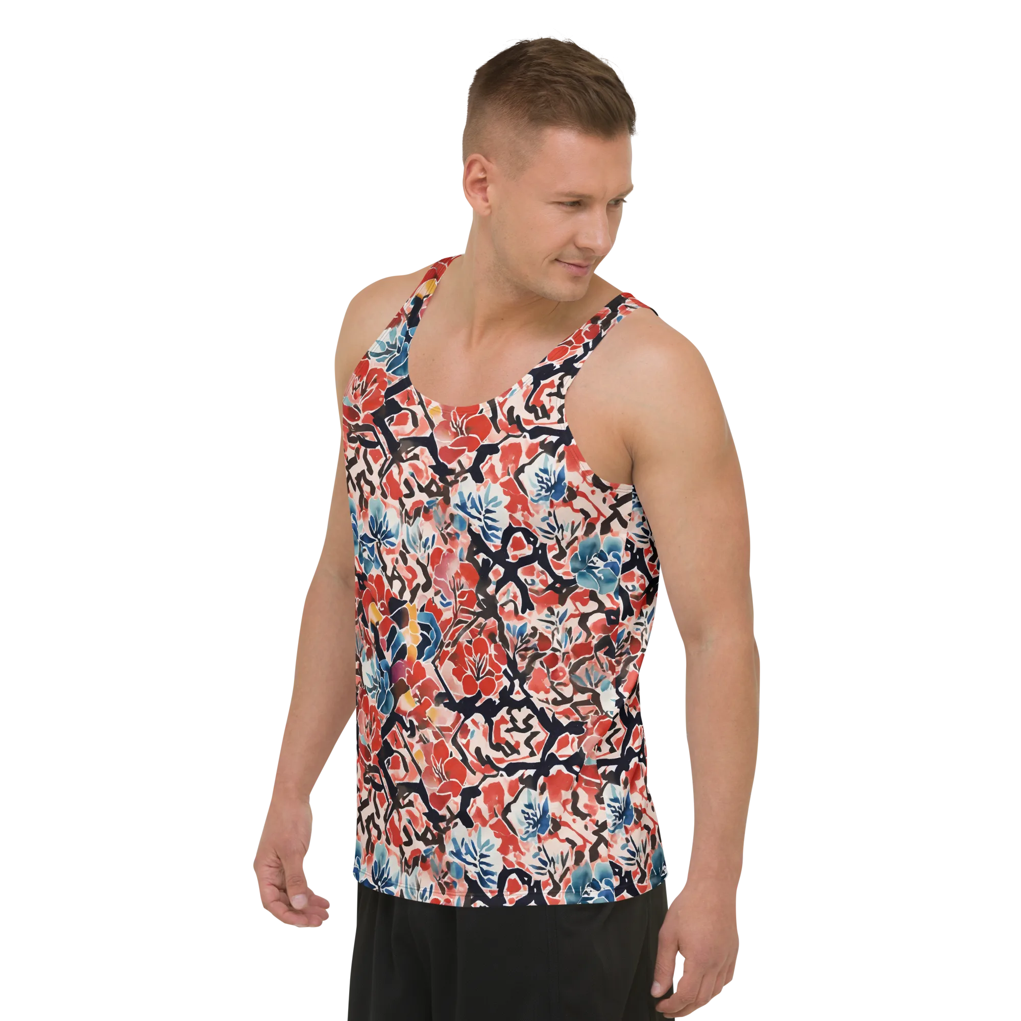 Crimson Brushwork on Men's Tank Top — Left Front