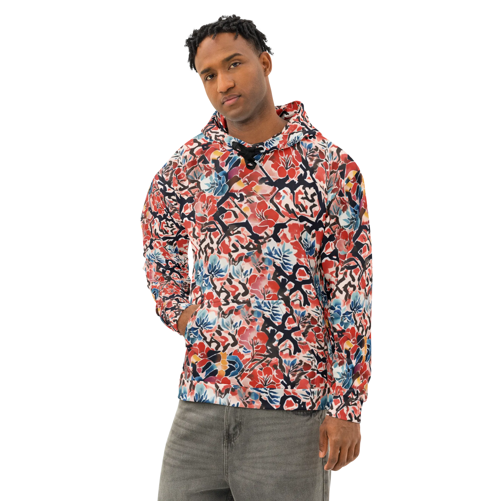 Crimson Brushwork on Cotton Hoodie — Left Front