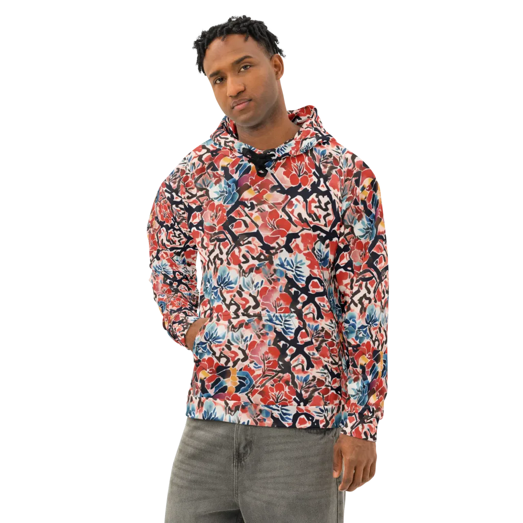 Crimson Brushwork on Cotton Hoodie — Left Front