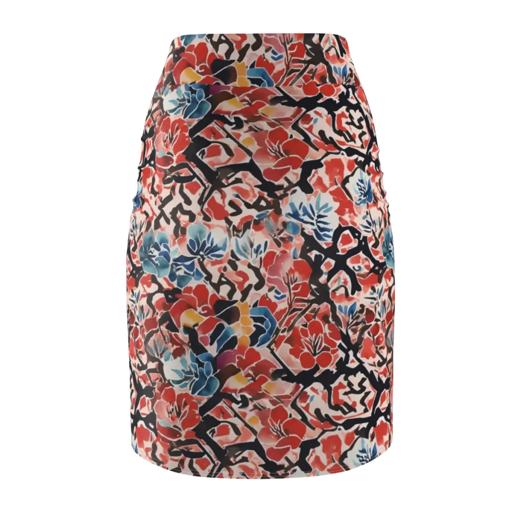 Crimson Brushwork on Pencil Skirt — Back