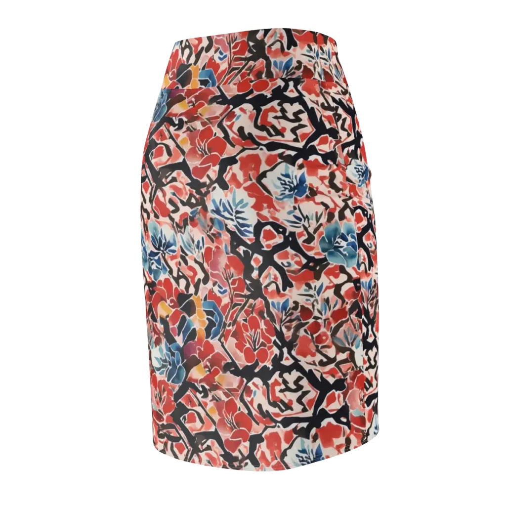 Crimson Brushwork on Pencil Skirt — Back Side